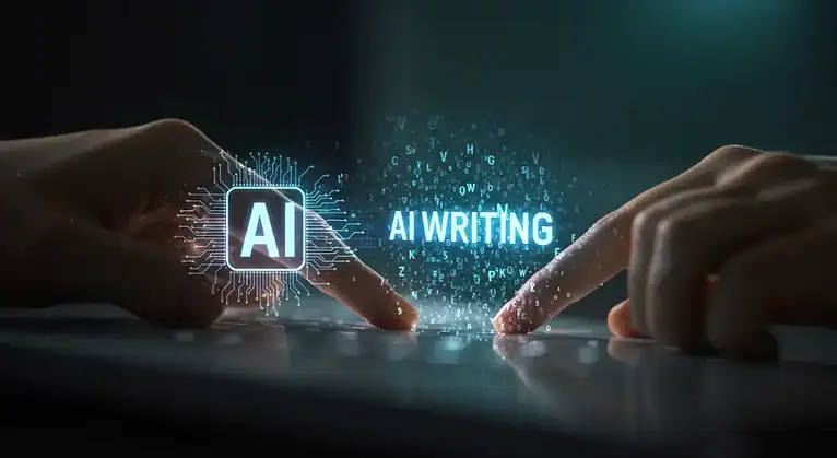 AI Writing Technology: Hands typing on keyboard with digital "AI Writing" overlay.